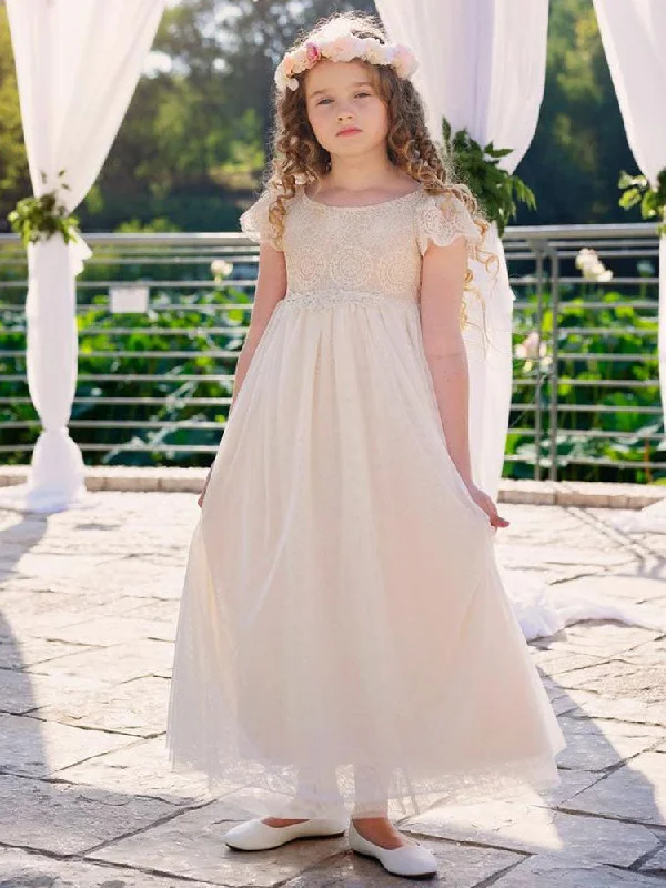 Champagne Jewel Neck Short Sleeves Lace Formal Kids Pageant flower girl dresses Art Deco Geometric Pattern Look