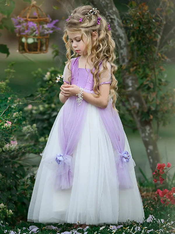 Square Neck Taffeta Short Sleeves Ankle Length Princess Flowers Kids Social Party Dresses Pastel Styles