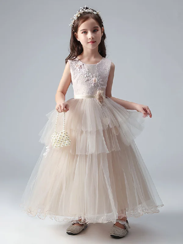 Champagne Color Jewel Neck Tulle Sleeveless Ankle-Length Princess Dress Formal Kids Pageant flower girl dresses Budget-Friendly Fashion