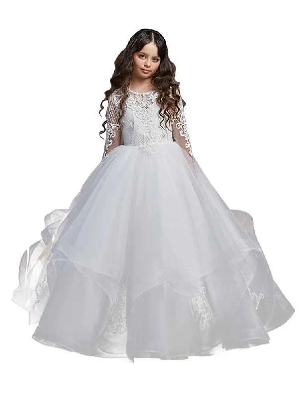 Jewel Neck Lace Long Sleeves Floor-Length Princess Embroidered Kids Party Dresses Sophisticated Cut