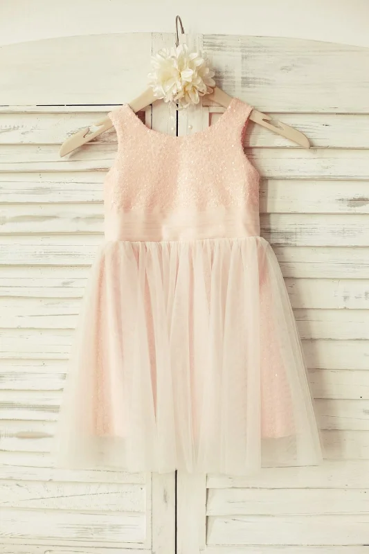 Peach/Champagne/Mint/Silver/Navy Sequin Tulle Flower Girl Dress Huge Savings On Parisian Styles