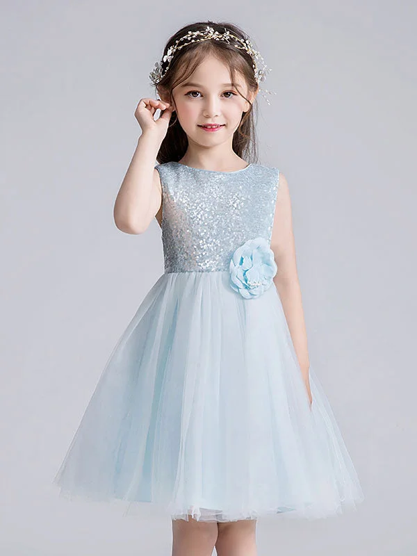 Baby Blue Jewel Neck Tulle Sleeveless Short Princess Dress Bows Kids Social Party Dresses Wardrobe Update