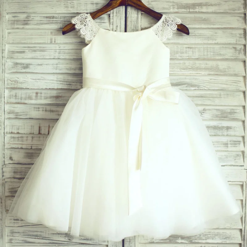 Ivory Lace Tulle Cap Sleeves Flower Girl Dress, Sash End Of Season Sale