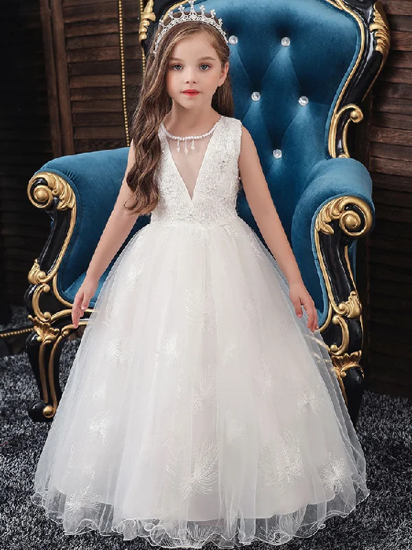 Jewel Neck Polyester Sleeveless Ankle-Length Bows Formal Kids Pageant flower girl dresses Lightweight Fabric