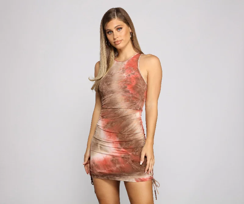 Drawn To Tie Charming Dye Ruched Mini Dress Playful Elegance