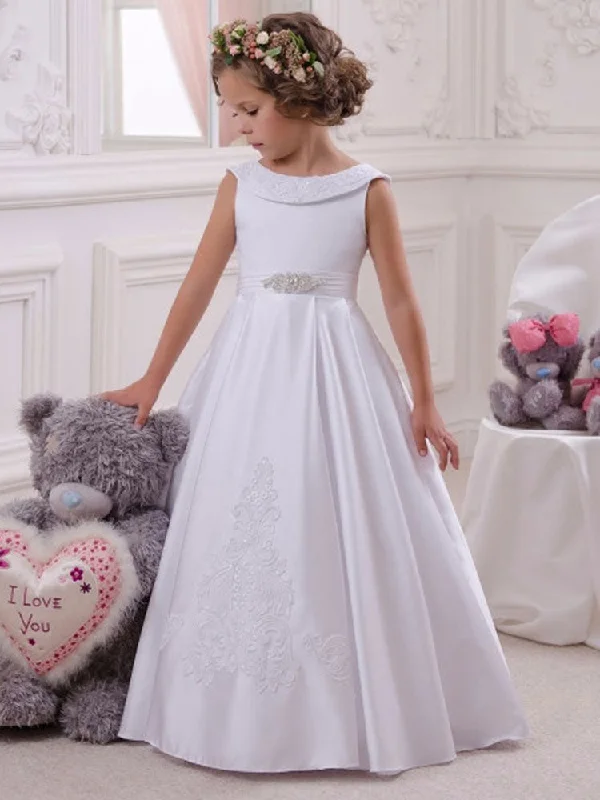 Bateau Neck Satin Fabric Sleeveless Floor Length A-Line Bows Kids Social Party Dresses Dreamy Draping