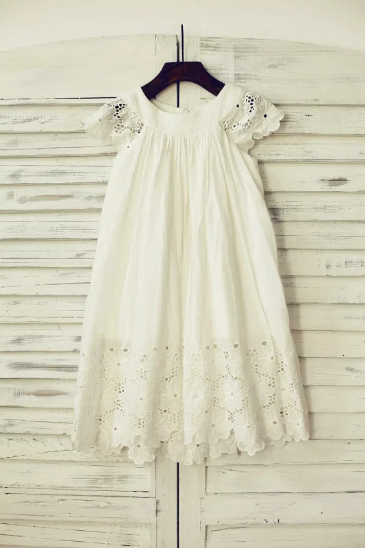 Vintage Ivory Cotton Eyelet Lace Cap Sleeves Flower Girl Dress Limited - Time Bundle