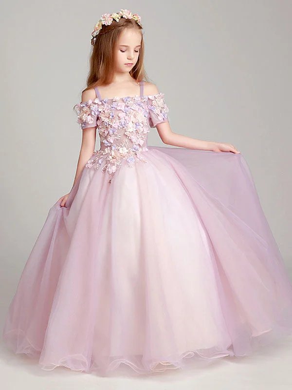 Blush Pink Off The Shoulder Applique Back Illusion Floor Length Kids Pageant flower girl dresses Y2K Nostalgic Fashion Look