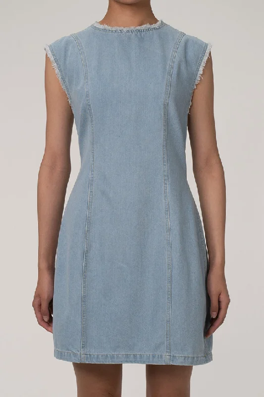 Minimalist Frayed Crew Neck Sleeveless Cinch Waist Denim Mini Sundress Elegant Contour