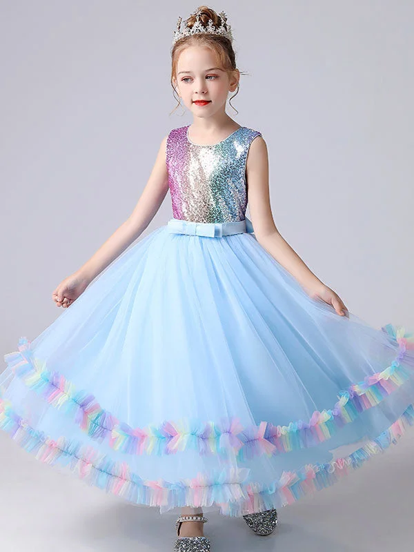 Blue Jewel Neck Tulle Sleeveless Ankle-Length Bows Kids Social Party Dresses Princess Dress Pastel Styles