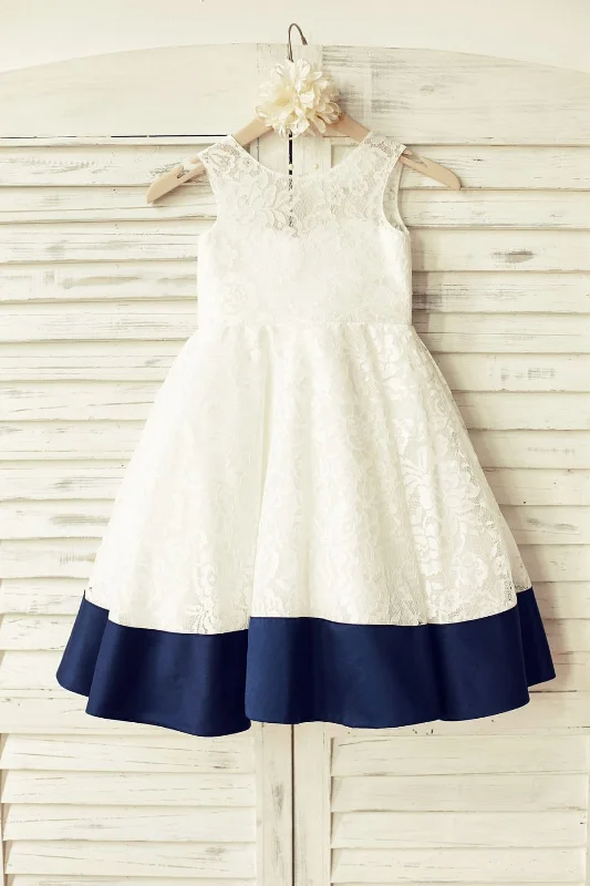 Deep V Back Ivory Lace Flower Girl Dress, Navy Blue Bow Mother'S Day Special