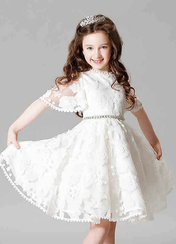 Boho Lace Princess Ivory A-Line Illusion Bell Sleeve Jeweled Sash Short Pageant Dress Fashion-Forward