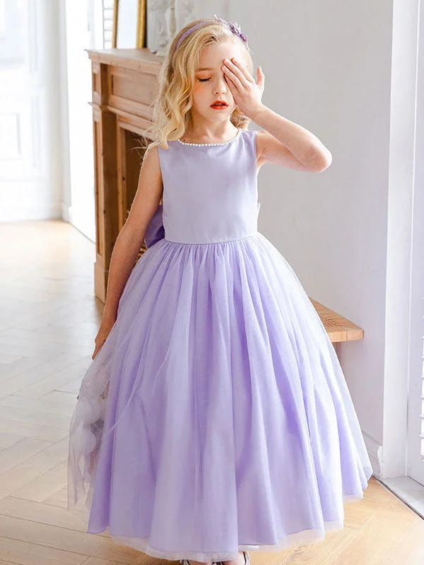 Purple Jewel Neck Sleeveless Polyester Tulle Beaded Kids Social Party Dresses Limited Time Deal