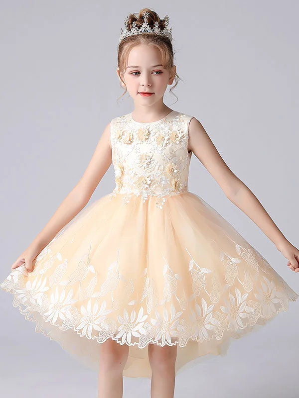 Champagne Color Jewel Neck Sleeveless Flowers Kids Party Dresses Princess Dress Today Only