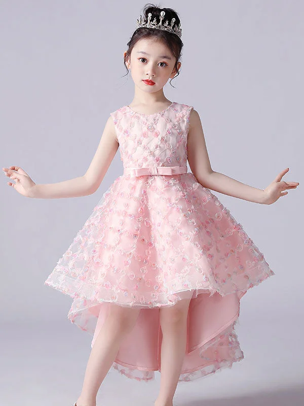 Pink Jewel Neck Sleeveless Bows Formal Kids Pageant flower girl dressesLace Princess Dress Romantic Date - Night Ensemble