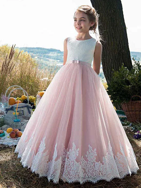 Jewel Neck Lace Sleeveless Ankle-Length Princess Bows Kids Social Pageant Dresses Limited Quantities