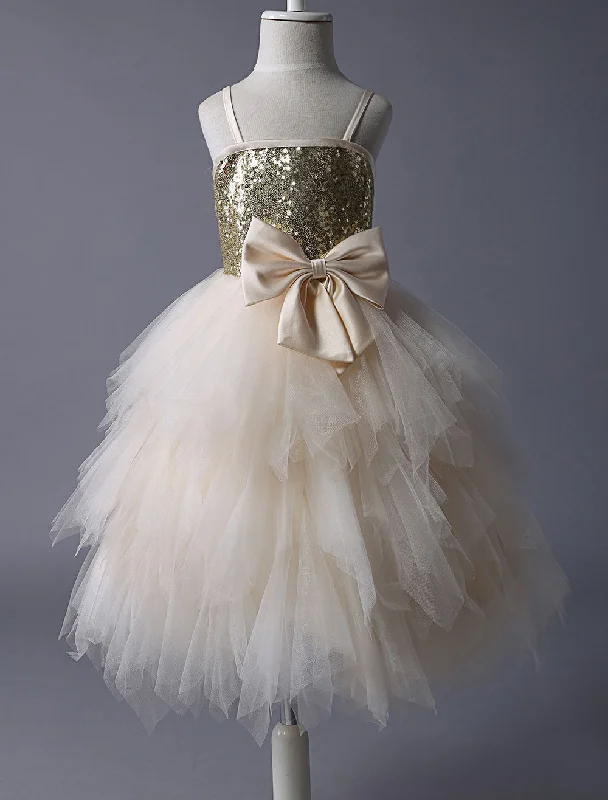 Thin Straps Gold Sequin Champagne Tulle Ruffle flower girl dress Today Only