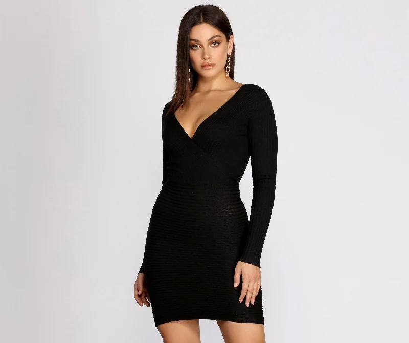 Long Sleeve Stylish Ribbed Mini Dress Graceful Movement