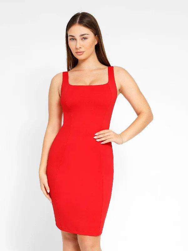 Shapewear Sleeveless Square Neck Sculpting Midi Work Dress Romantic Date - Night Ensemble