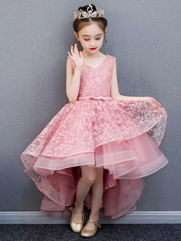 V-Neck Lace Sleeveless Asymmetrical Princess Bows Kids Party Dresses Mid - Week Surprise