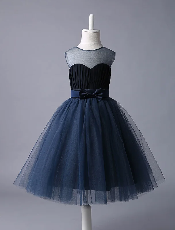 Navy Blue Sweetheart Neckline Tutu Dress Bow Sash Short Kids Formal Party Dress Graceful Movement