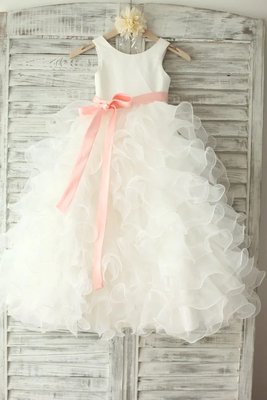 Ivory Satin Ruffle Organza Skirt TUTU Princess Flower Girl Dress Spring Fashion