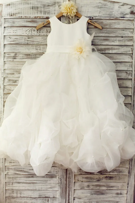 Ivory Satin Organza Ruffle Ball Gown Flower Girl Dress, Feather Flower Summer Essentials