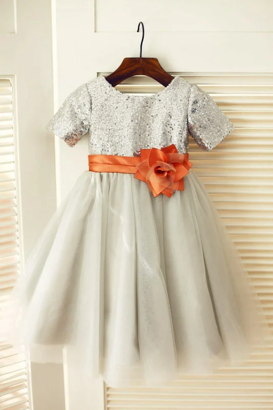 Short Sleeves Silver Sequin Gray Tulle Wedding Flower Girl Dress Feminine Grace