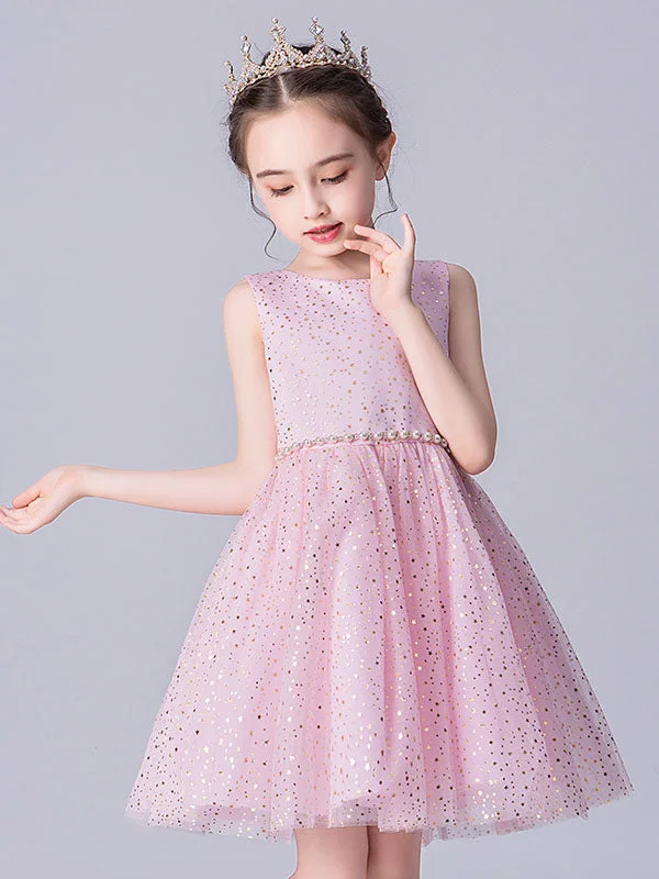 Pink Jewel Neck Tulle Sleeveless Short Pearls Formal Kids Pageant flower girl dresses Graceful Movement