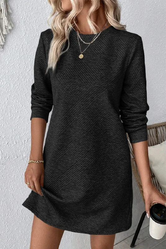 Black Plain Textured Long Sleeve Shift Short Dress Style Upgrade