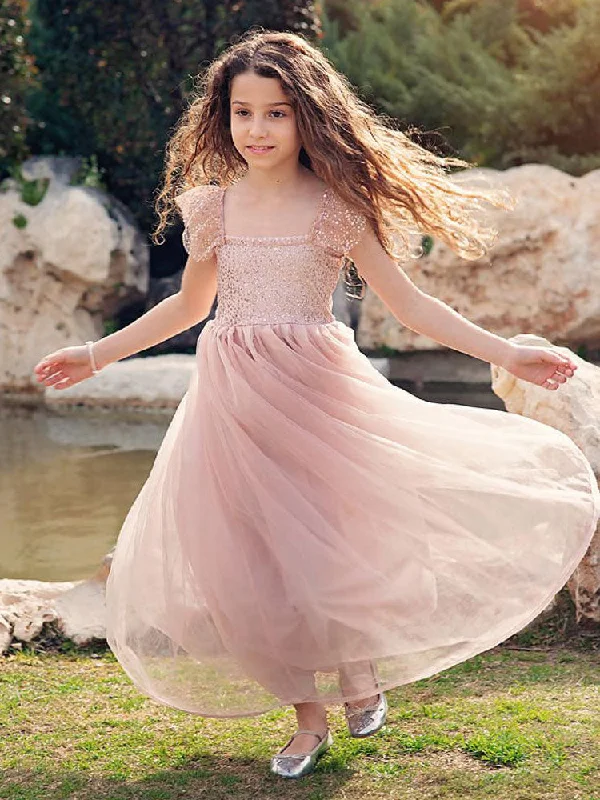 Cameo Brown Jewel Neck Ankle-Length A-Line Lace Formal Kids Pageant flower girl dresses Chic Style