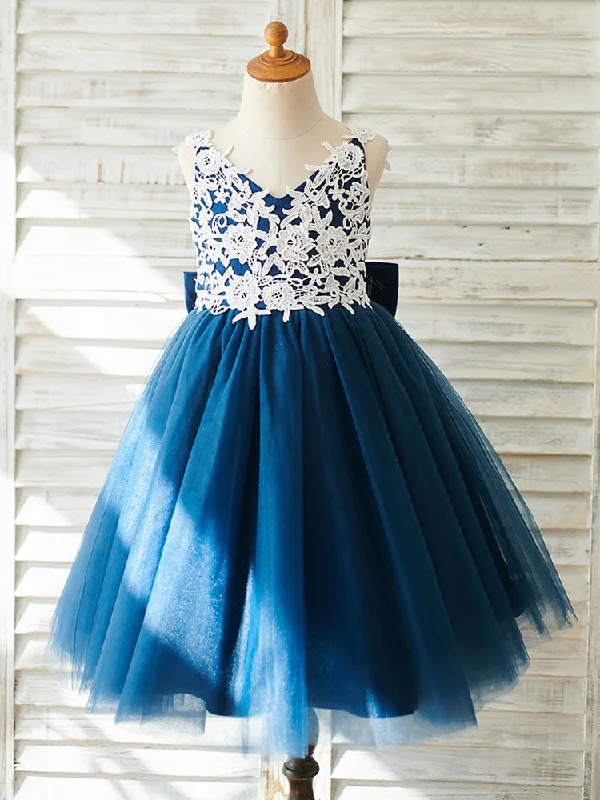 Bows Sleeveless V-Neck Dark Navy Kids Party Dresses Final Clearance