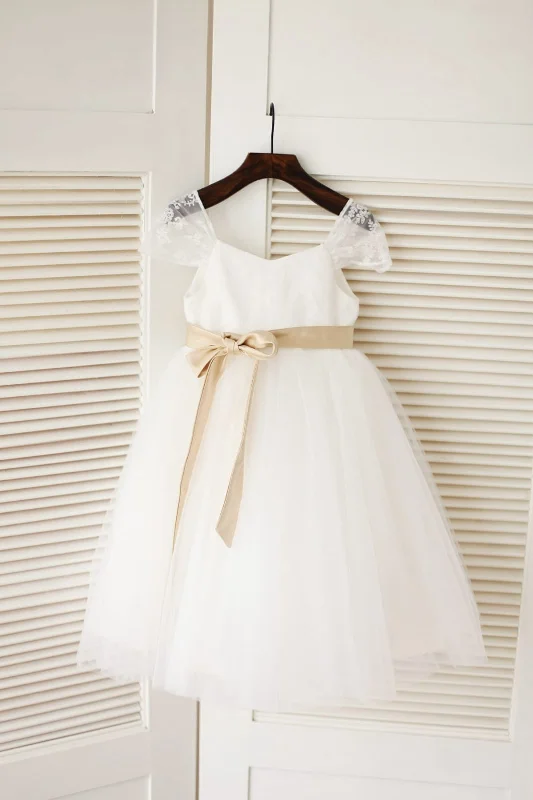 Cap Sleeves Ivory Lace Tulle Flower Girl Dress, Sash Wardrobe Refresh