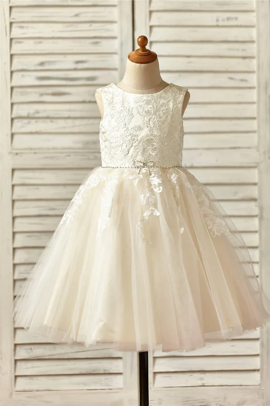 Champagne Satin Tulle Flower Girl Dress, Beaded Sash Summer Splash Sale