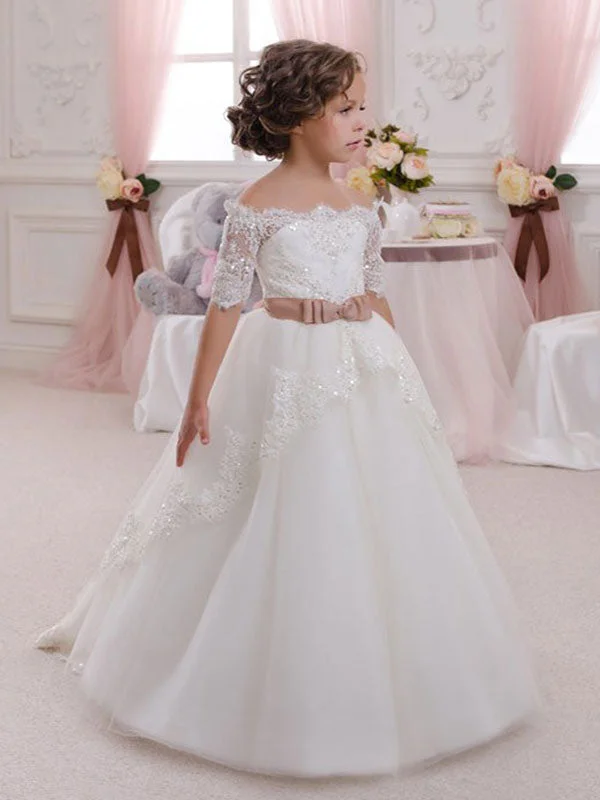 Bateau Neck Lace Half Sleeves Ankle Length Princess Bows Kids Formal Pageant Dresses Wardrobe Refresh