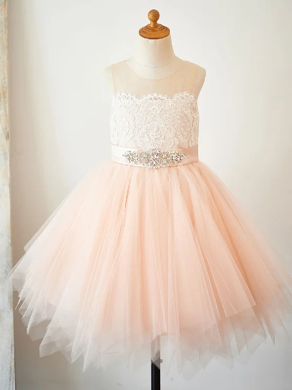 Cute Jewel Neck Tulle Sleeveless Short Princess Sash Kids Party Dresses Elevated Style