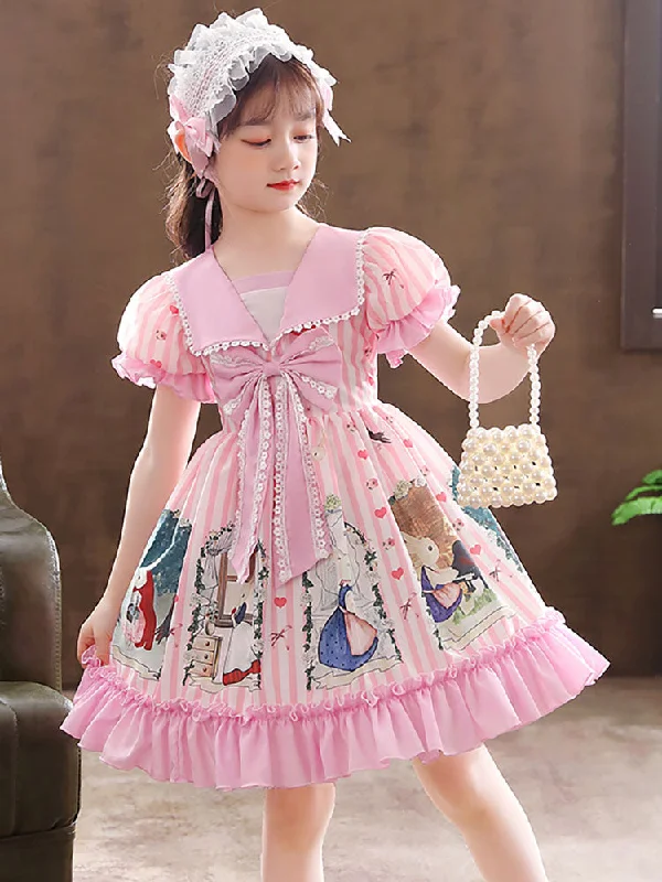 Pink Designed Neckline Short Sleeves Lace Tulle Embroidered Kids Social Party Dresses Coastal Beach - Inspired Style