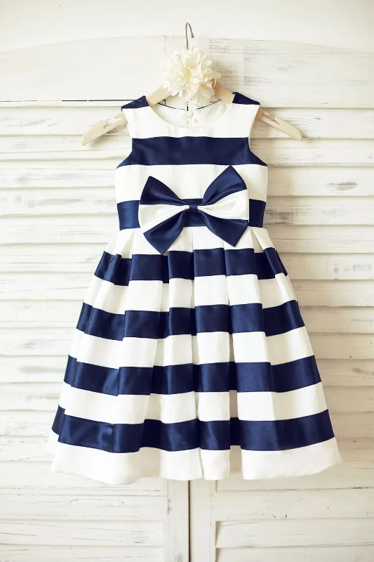 Ivory Satin Navy Blue Stripes Flower Girl Dress, Bow Exclusive Discount