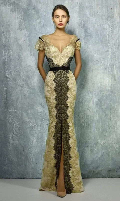 Women's Weekend Outfit Beside Couture by Gemy - V-Neck Banded Waist Lace Sheath Gown BC1294SC
