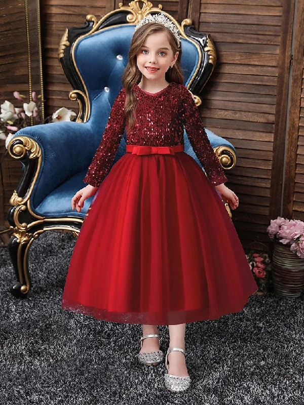 V-Neck Tulle Long Sleeves Ankle-Length A-Line Bows Burgundy Kids Social Party Dresses Rustic Countryside Charm Look