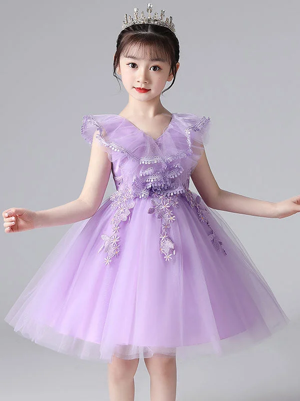 Purple V-Neck Sleeveless Tulle Lace Kids Party Dresses Father'S Day Deals