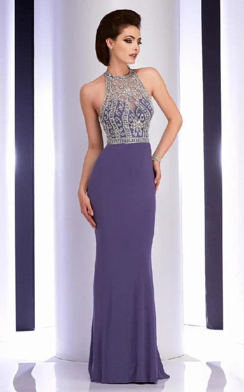Women's Outerwear Apparel Clarisse - Crystal Festooned Halter Jersey Gown 2807