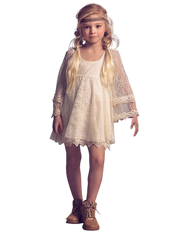 Jewel Neck Lace Long Sleeves Short A-Line Lace Kids Social Party Dresses Mid - Season Sale