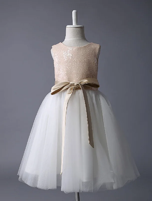 Champagne Sequin Tulle Pageant Dress A-line Short Dinner Dress With Bow Sash Classic Timeless Elegant Style