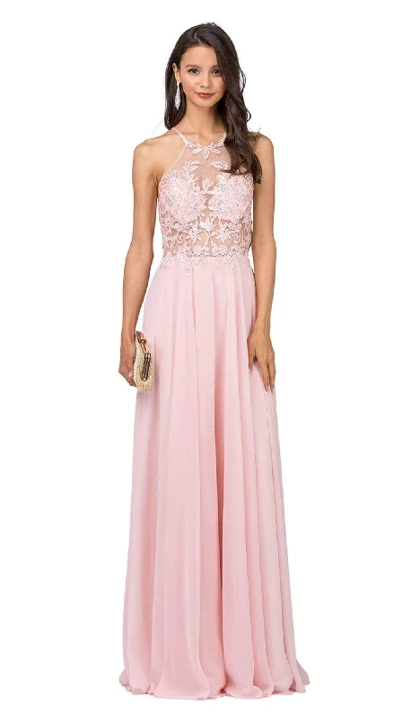 Dancing Queen - 2369 Embroidered Sheer Halter Chiffon Prom Dress Classic Charm