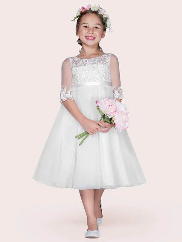 Ivory Jewel Tulle Neck Tulle Half Sleeves A-Line Lace Kids Party Dresses Dreamy Draping