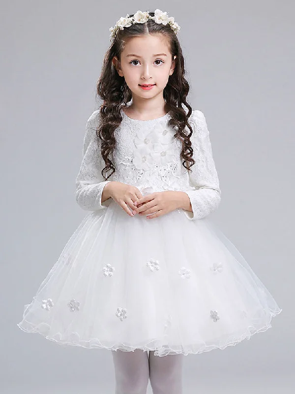 Jewel Neck Long Sleeves Flowers Formal Kids Pageant flower girl dresses Ethnic Cultural Event Wear