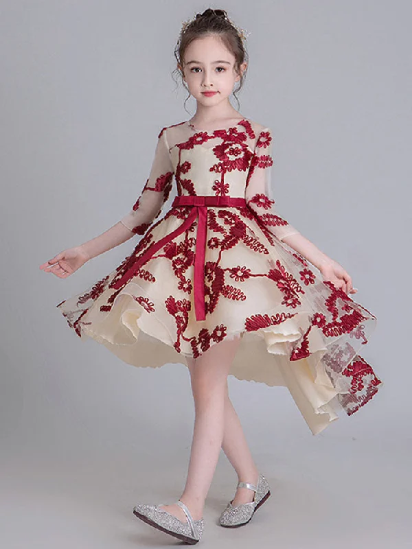 Jewel Neck Half Sleeves Embroidered Kids Social Party Dresses Winter Warm - Up Sale