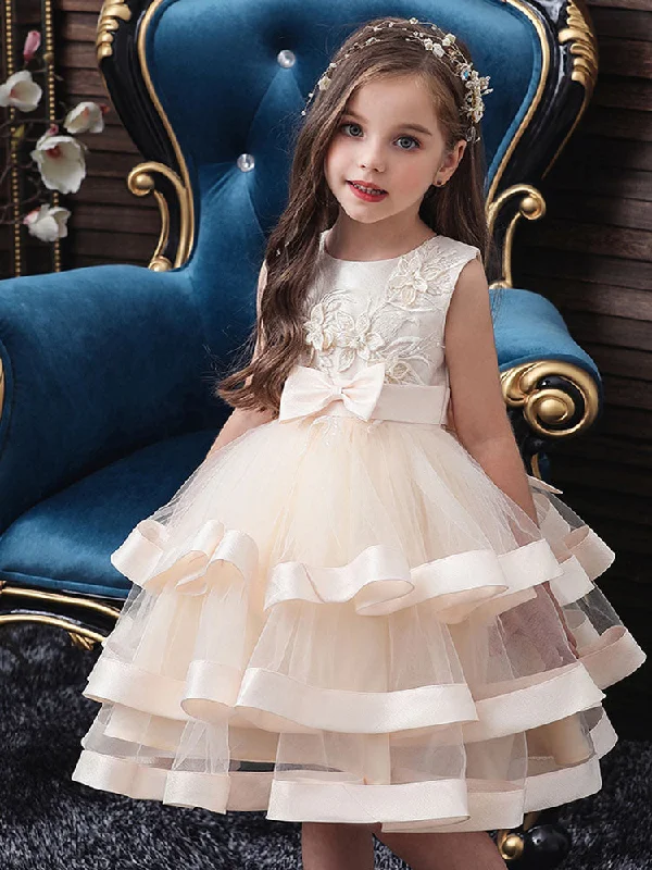 Jewel Neck Polyester Cotton Sleeveless Short Princess Bows Formal Kids Pageant Dress Sophisticated Cut