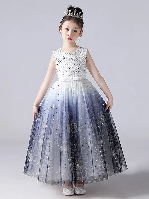 Blue Jewel Neck Sleeveless Polyester Tulle Lace Polyester Cotton Embroidered Kids Party Dresses Nordic Minimalist Home Look